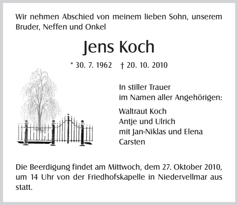  Traueranzeige für Jens Koch vom 26.10.2010 aus HNA