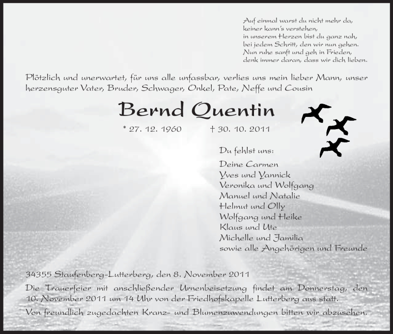  Traueranzeige für Bernd Quentin vom 08.11.2011 aus HNA