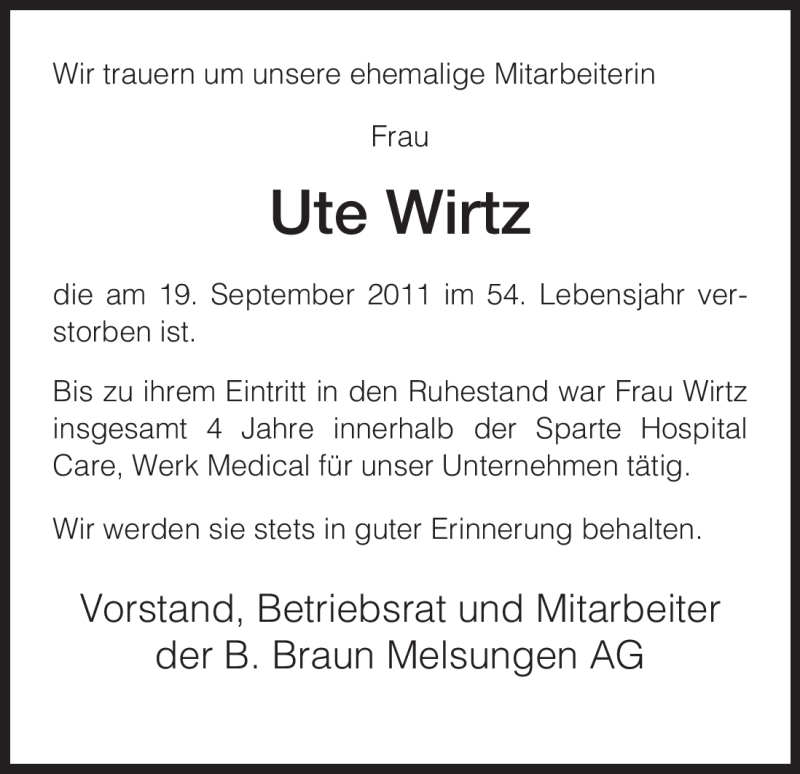  Traueranzeige für Ute Wirtz vom 27.09.2011 aus HNA
