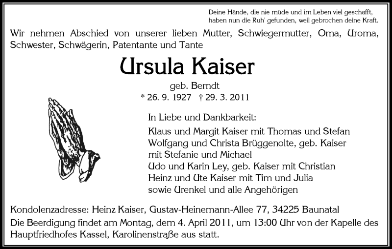  Traueranzeige für Ursula Kaiser vom 01.04.2011 aus HNA