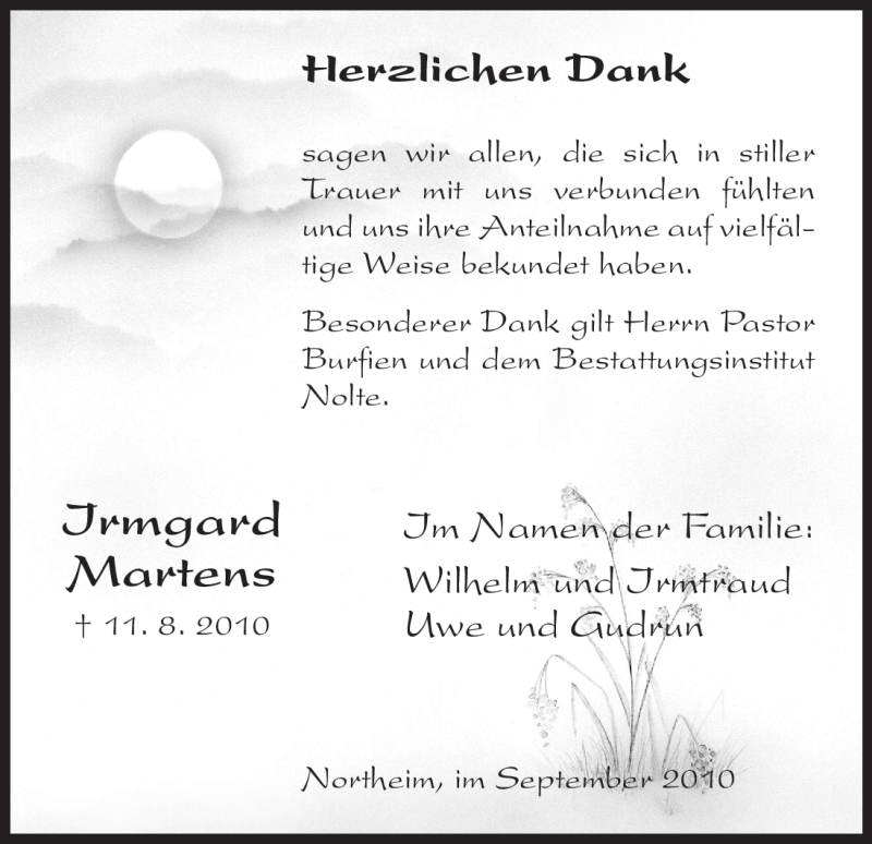  Traueranzeige für Irmgard Martens vom 04.09.2010 aus HNA