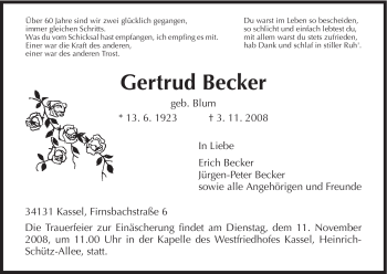 Traueranzeige von Gertrud Becker von HNA