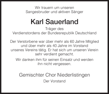 Traueranzeige von Karl Sauerland von HNA