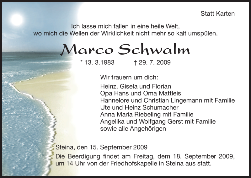  Traueranzeige für Marco Schwalm vom 15.09.2009 aus HNA