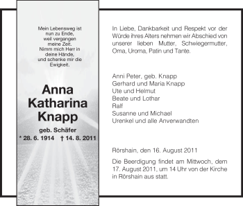 Traueranzeige von Anna Katharina Knapp von HNA