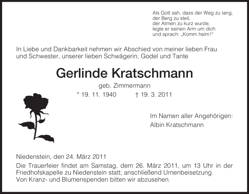  Traueranzeige für Gerlinde Kratschmann vom 24.03.2011 aus HNA