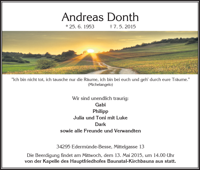  Traueranzeige für Andreas Donth vom 11.05.2015 aus HNA