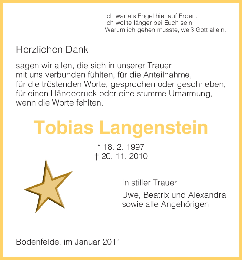  Traueranzeige für Tobias Langenstein vom 08.01.2011 aus HNA