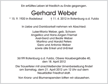 Traueranzeige von Gerhard Weber von HNA