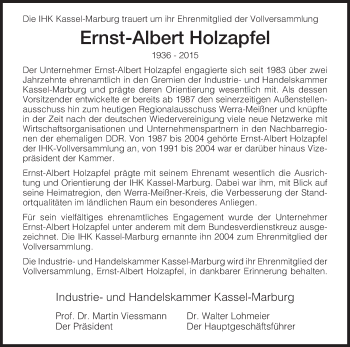 Traueranzeige von Ernst-Albert Holzapfel von HNA