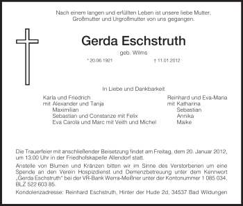 Traueranzeige von Gerda Eschstruth von HNA