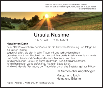 Traueranzeige von Ursula Nusime von HNA