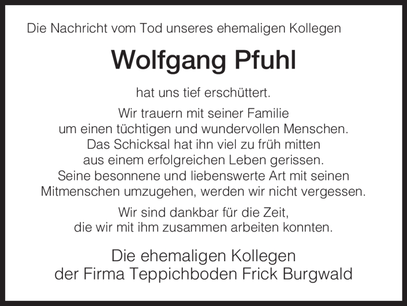  Traueranzeige für Wolfgang Pfuhl vom 24.03.2011 aus HNA