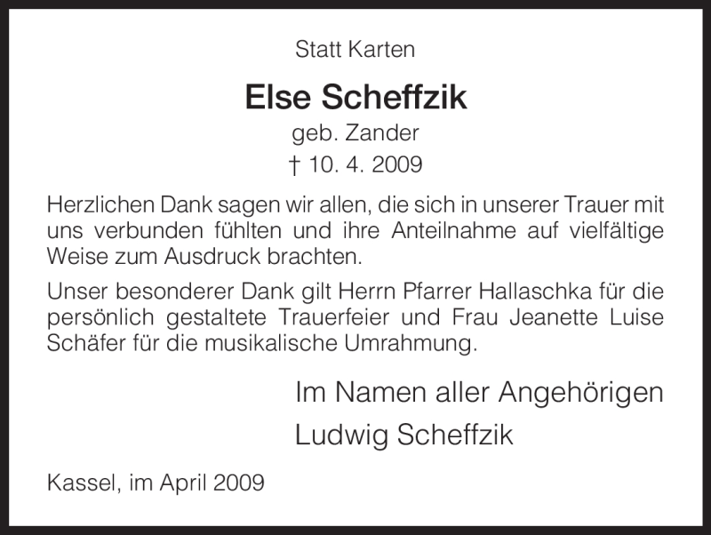  Traueranzeige für Else Scheffzik vom 22.04.2009 aus HNA