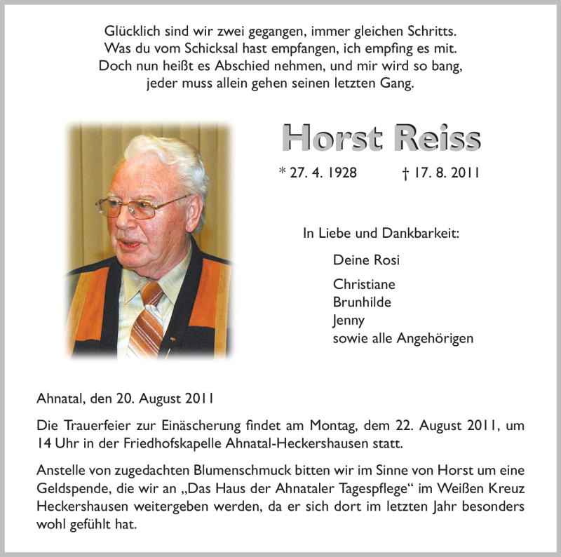  Traueranzeige für Horst Reiss vom 20.08.2011 aus HNA