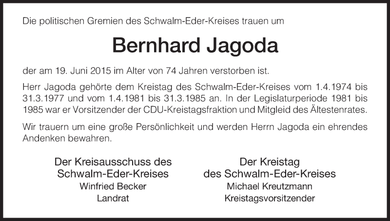  Traueranzeige für Bernhard Jagoda vom 27.06.2015 aus HNA