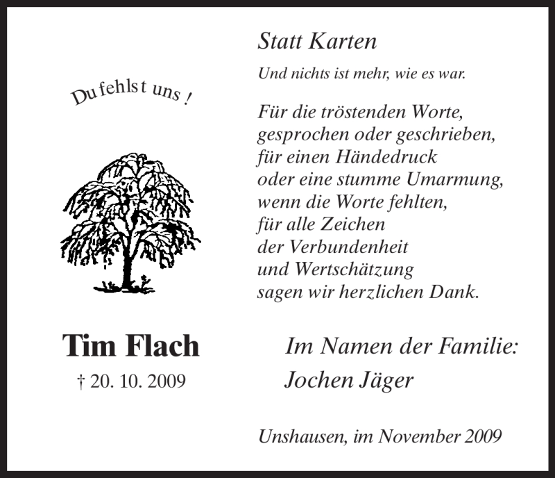  Traueranzeige für Tim Flach vom 14.11.2009 aus HNA