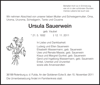 Traueranzeige von Ursula Sauerwein von HNA