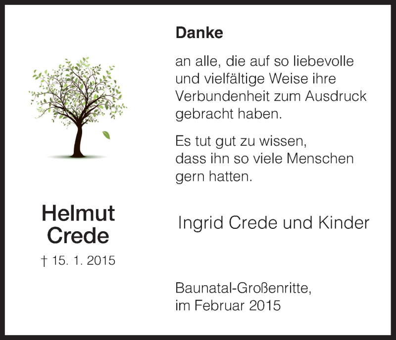  Traueranzeige für Helmut Crede vom 13.02.2015 aus HNA