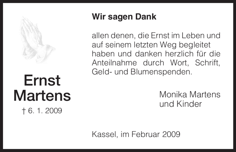  Traueranzeige für Ernst Martens vom 14.02.2009 aus HNA