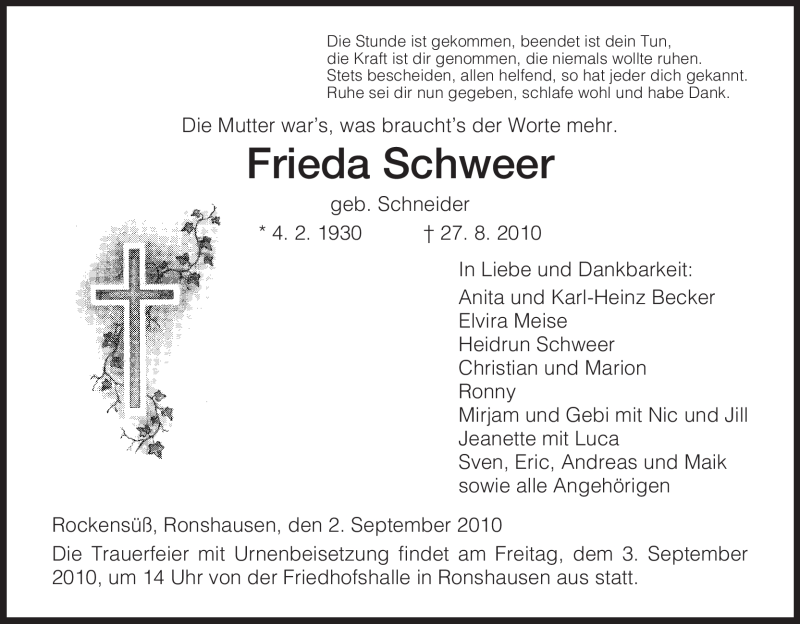  Traueranzeige für Frieda Schweer vom 02.09.2010 aus HNA