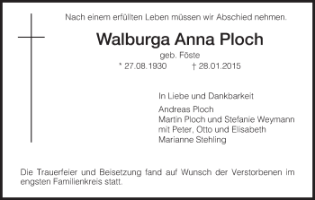 Traueranzeige von Walburga Anna Ploch von HNA