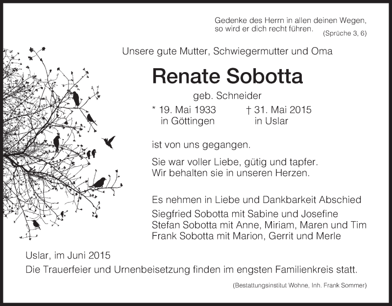  Traueranzeige für Renate Sobotta vom 05.06.2015 aus HNA