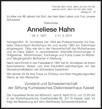 Traueranzeige von Anneliese Hahn von HNA