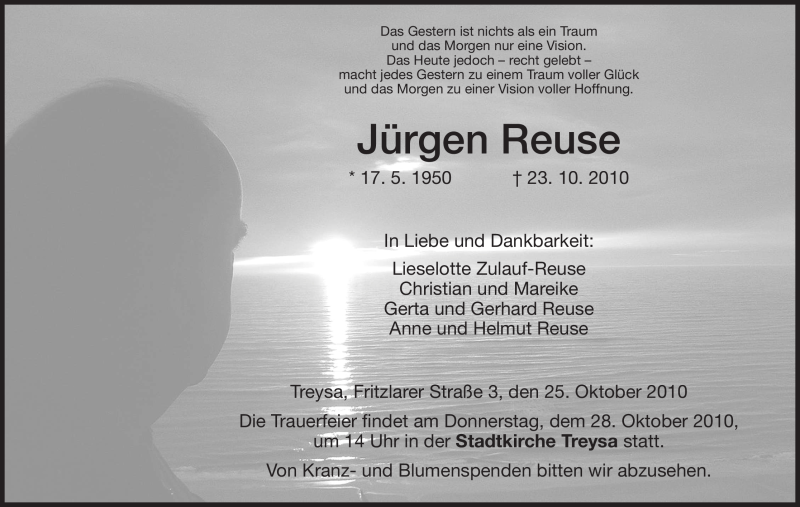  Traueranzeige für Jürgen Reuse vom 25.10.2010 aus HNA