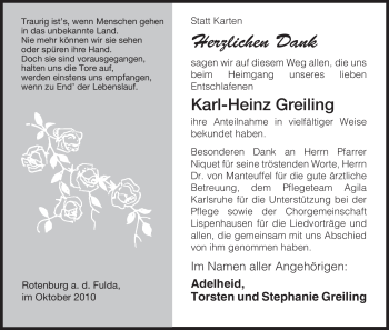 Traueranzeige von Karl-Heinz Greiling von HNA