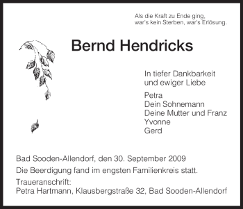 Traueranzeige von Bernd Hendricks von HNA