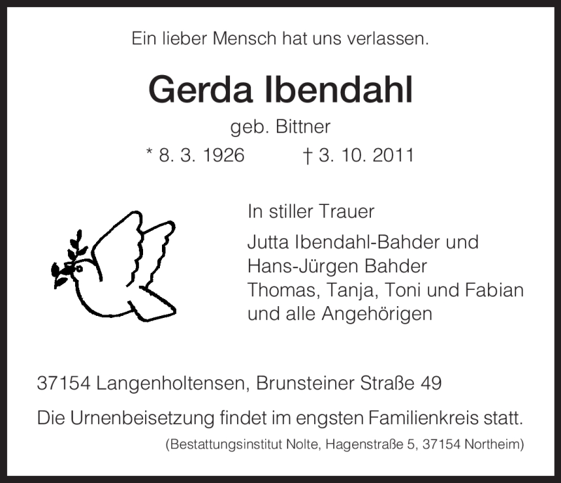  Traueranzeige für Gerda Ibendahl vom 05.10.2011 aus HNA