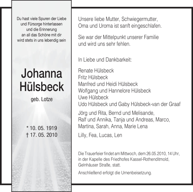 Traueranzeige für Johanna Hülsbeck vom 22.05.2010 aus HNA