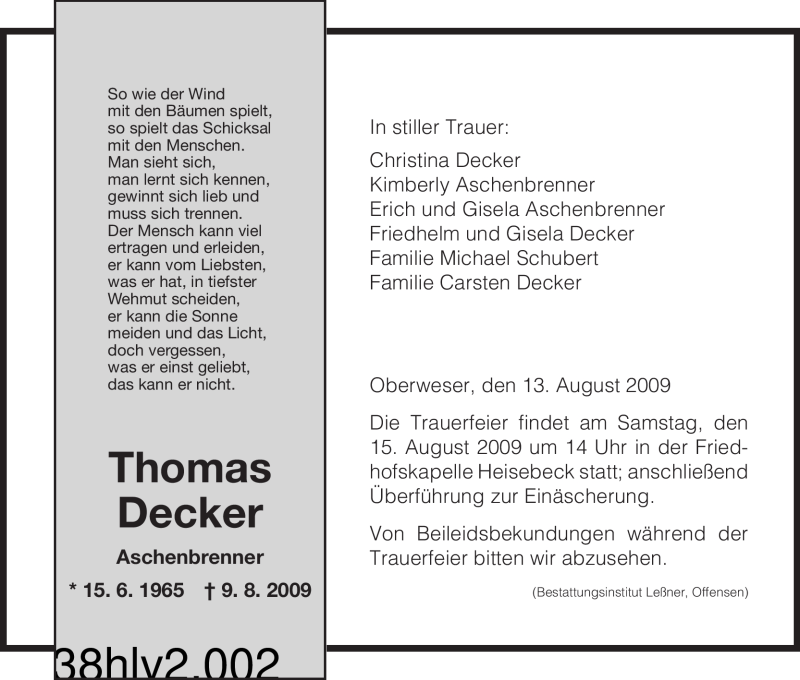  Traueranzeige für Thomas Decker vom 13.08.2009 aus HNA