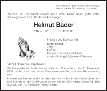 Traueranzeige von Helmut Bader von HNA