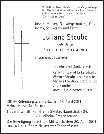 Traueranzeige von Juliane Steube von HNA