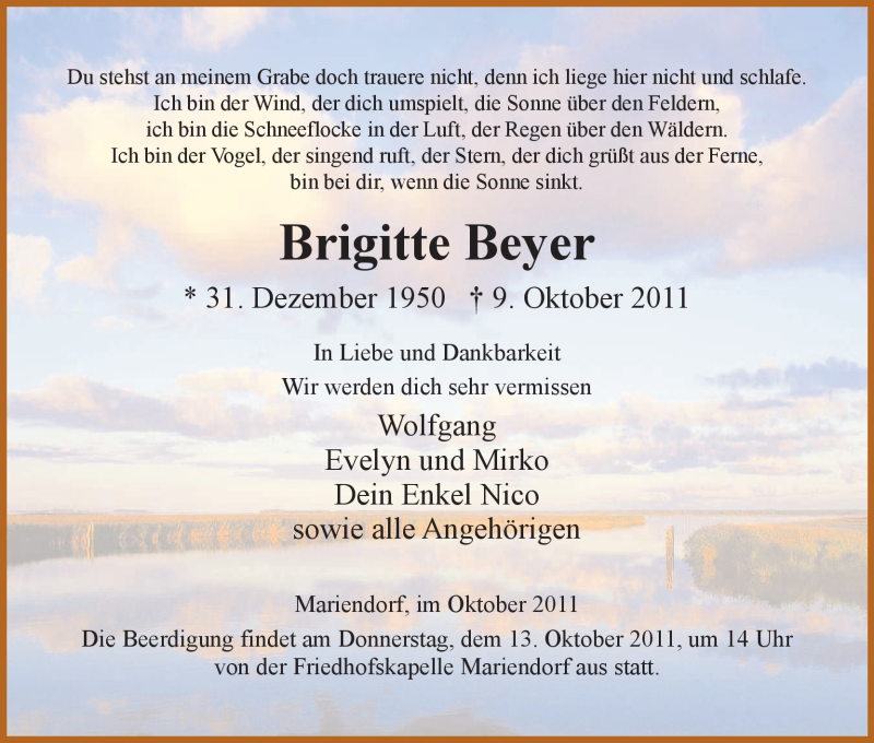  Traueranzeige für Brigitte Beyer vom 11.10.2011 aus HNA