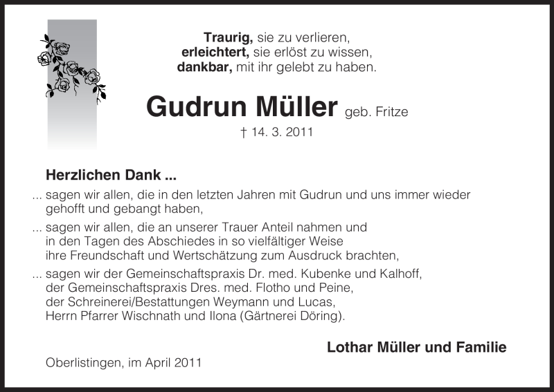  Traueranzeige für Gudrun Müller vom 16.04.2011 aus HNA