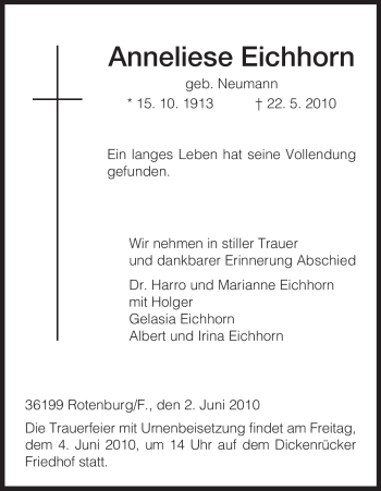 Traueranzeige von Anneliese Eichhorn von HNA