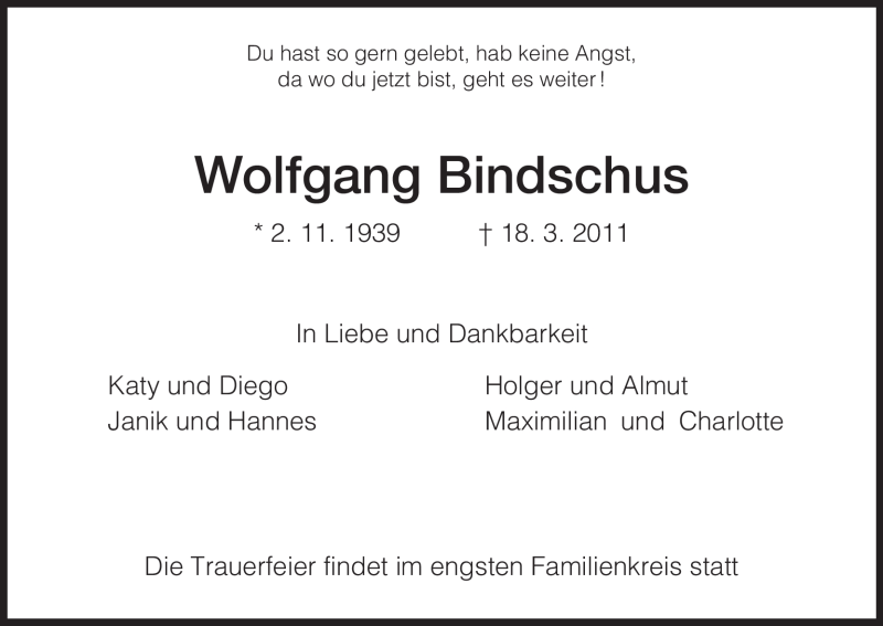  Traueranzeige für Wolfgang Bindschus vom 24.03.2011 aus HNA