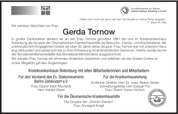 Traueranzeige von Gerda Tornow von HNA