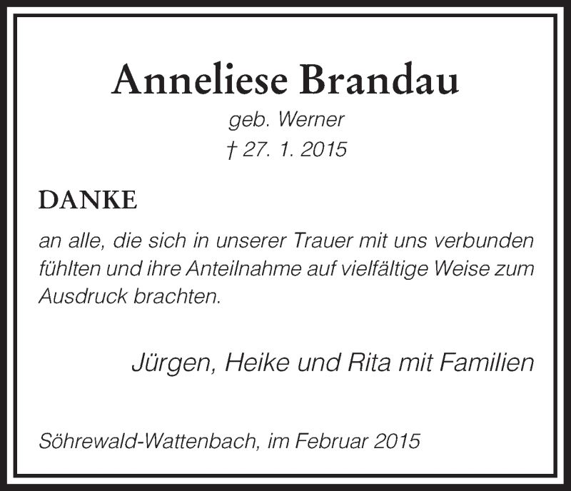  Traueranzeige für Anneliese Brandau vom 21.02.2015 aus HNA