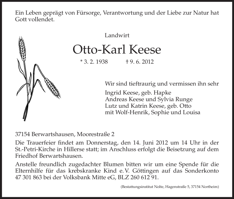  Traueranzeige für Otto-Karl Keese vom 12.06.2012 aus HNA