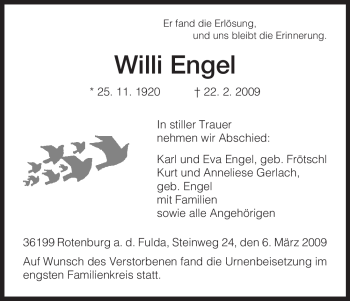 Traueranzeige von Willi Engel von HNA