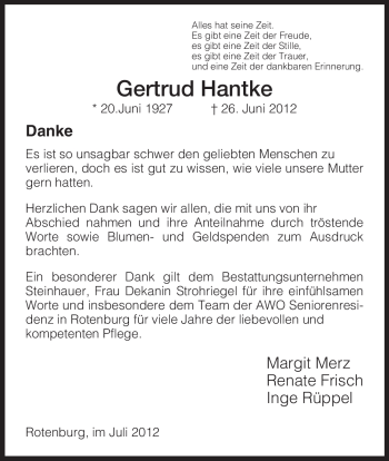 Traueranzeige von Gertrud Hantke von HNA