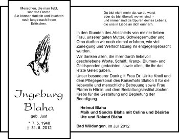 Traueranzeige von Ingeburg Blaha von HNA