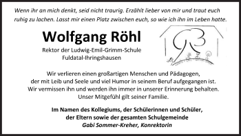 Traueranzeige von Wolfgang Röhl von HNA