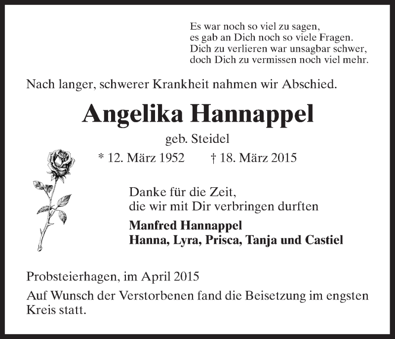  Traueranzeige für Angelika Hannappel vom 16.04.2015 aus HNA