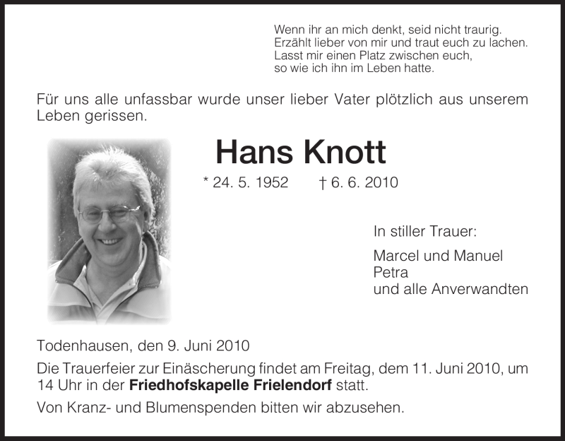  Traueranzeige für Hans Knott vom 09.06.2010 aus HNA