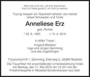 Traueranzeige von Anneliese Erz von HNA
